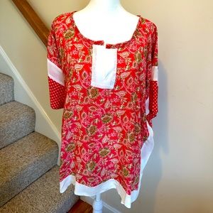 Sundance kimono style, silk blouse with coral print and cream trim.